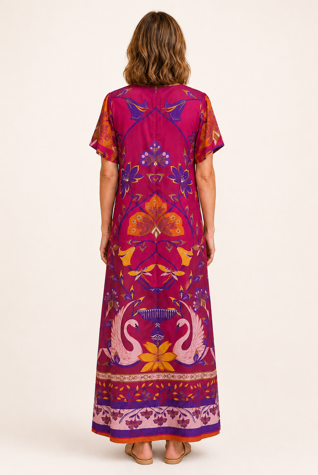 Briton Court Diana Maxi Dress in Sunset Swans print, back view showing hidden zipper and full botanical swan print