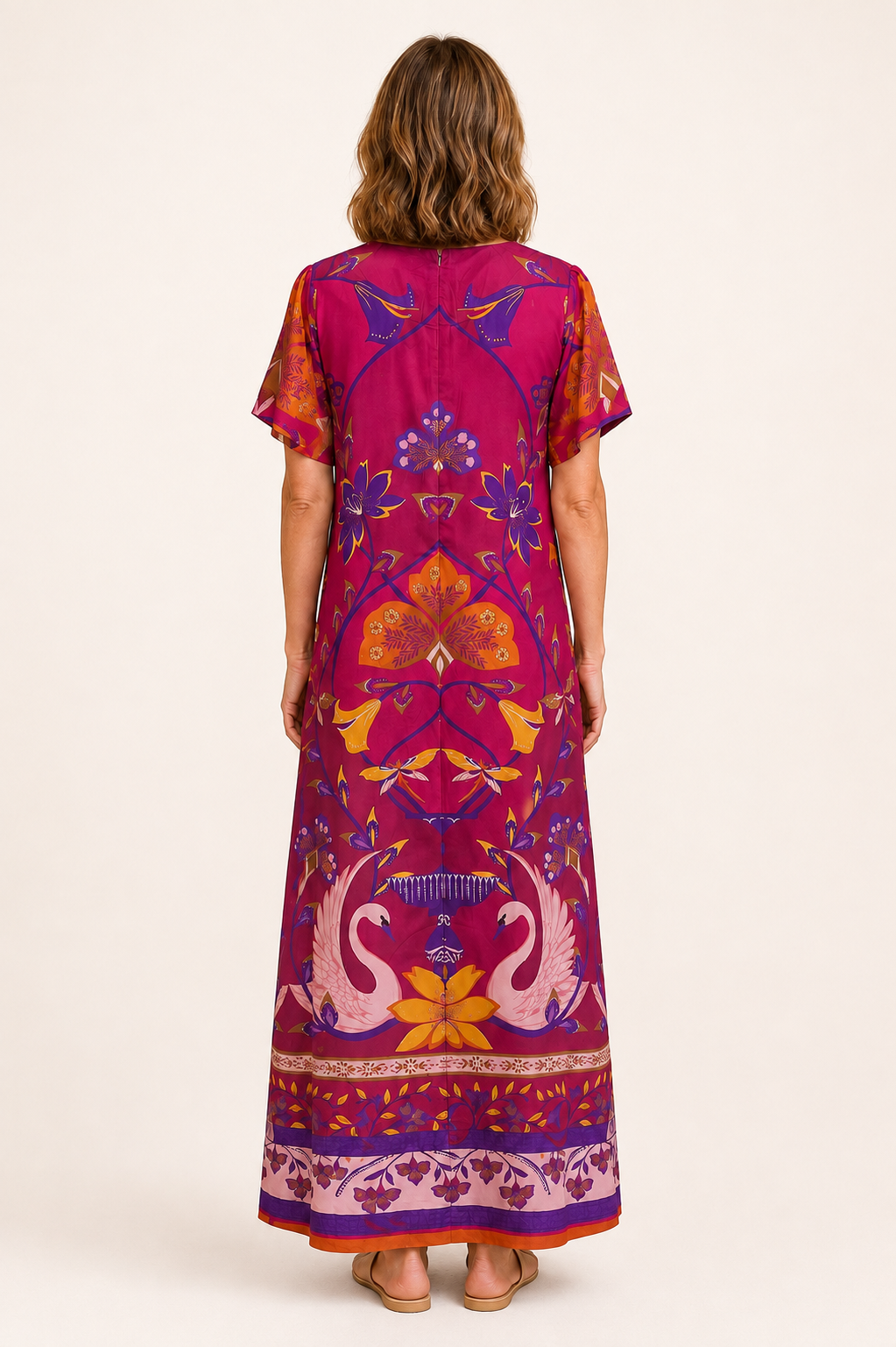 Briton Court Diana Maxi Dress in Sunset Swans print, back view showing hidden zipper and full botanical swan print