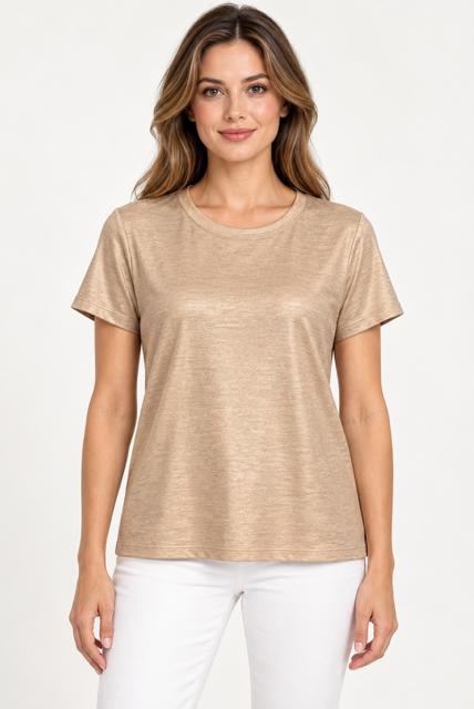 Shyama Top by Another Love in Heathered Gold, front view showing rounded neckline, short sleeves, and straight hem