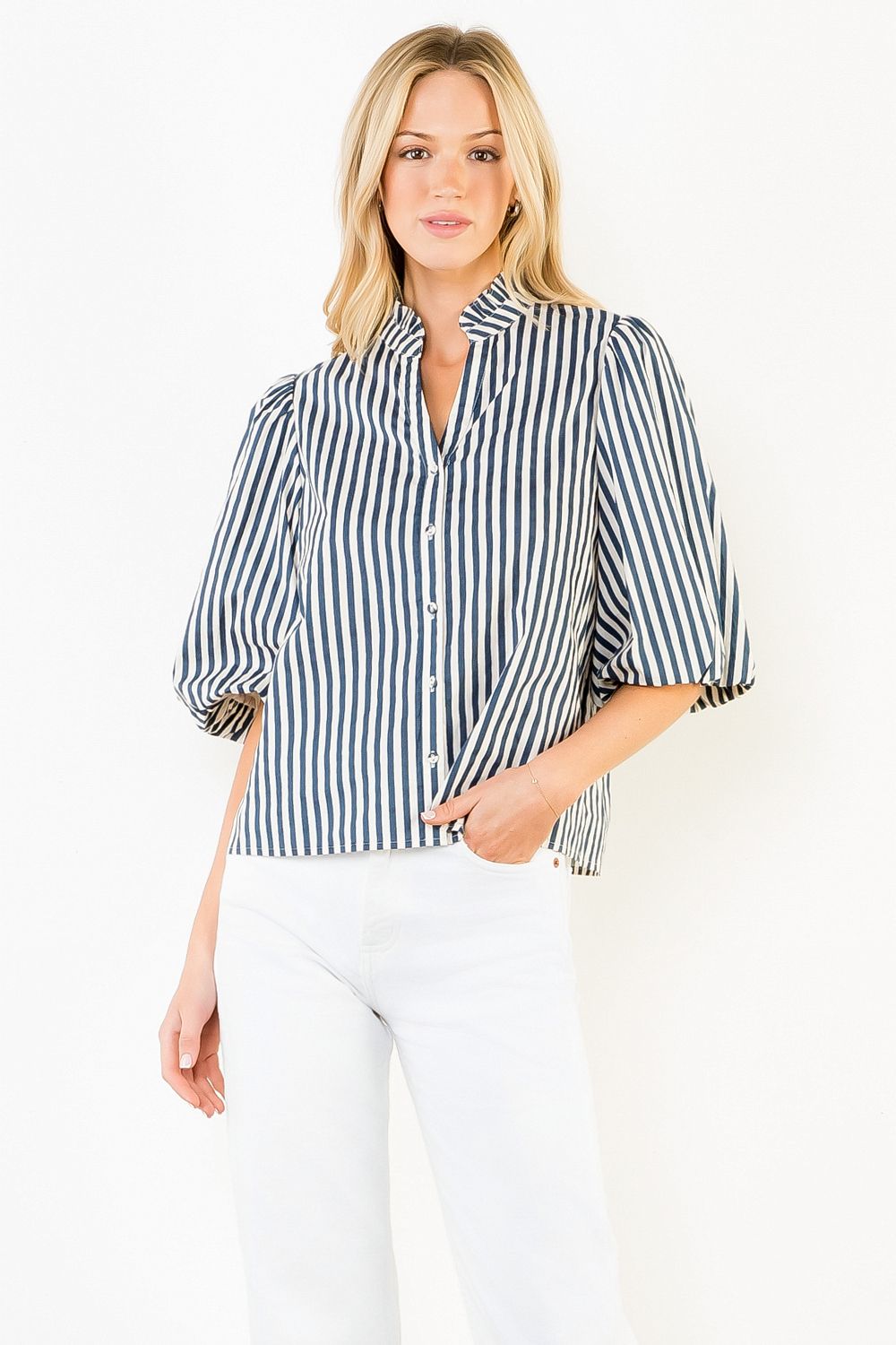 Cammietop THML button down blue and white stripe blouse WCT3713