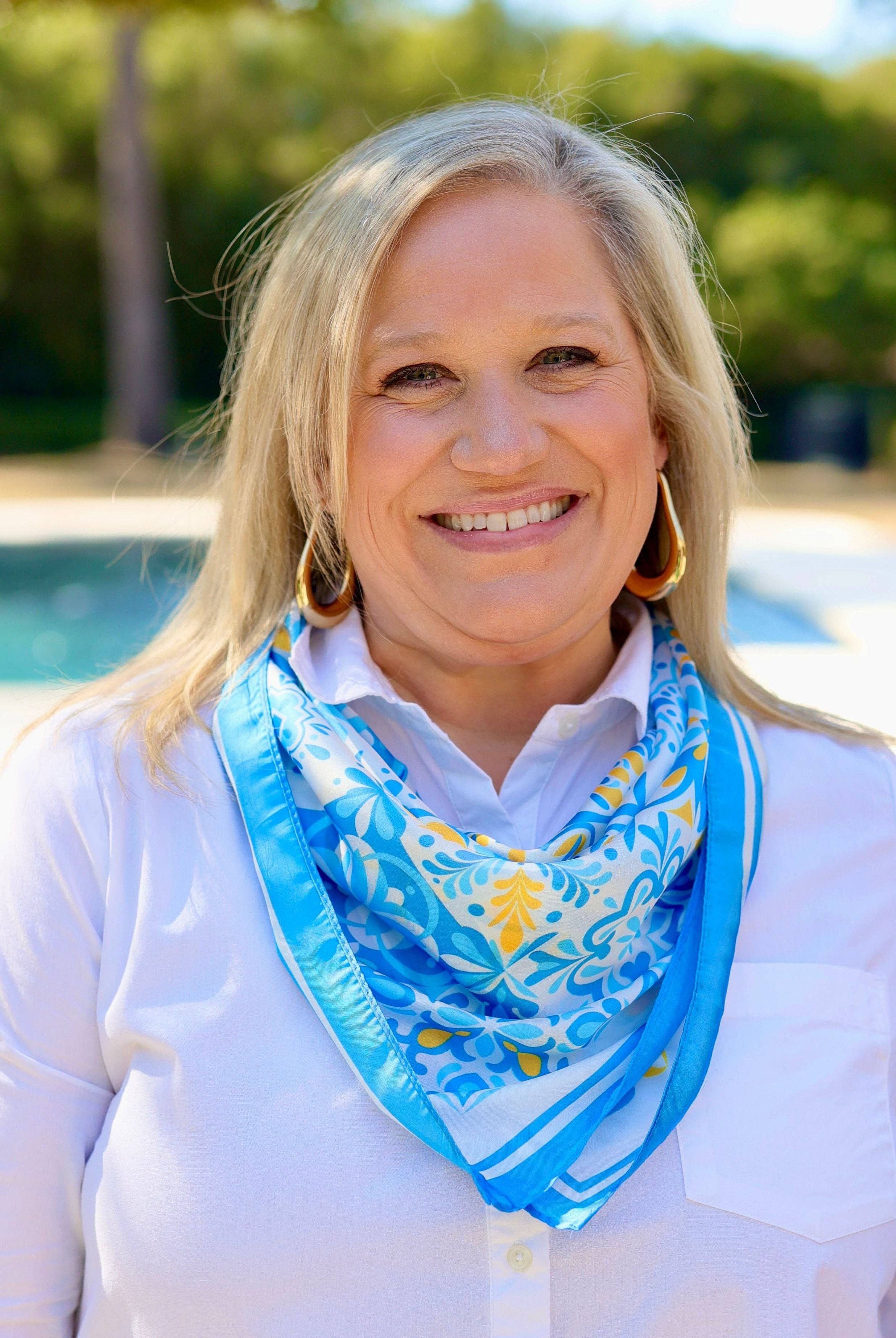 Blue Sorrento mosaic print scarf by Caroline Hill, showcasing intricate patterns and soft fabric, perfect as a stylish accessories.