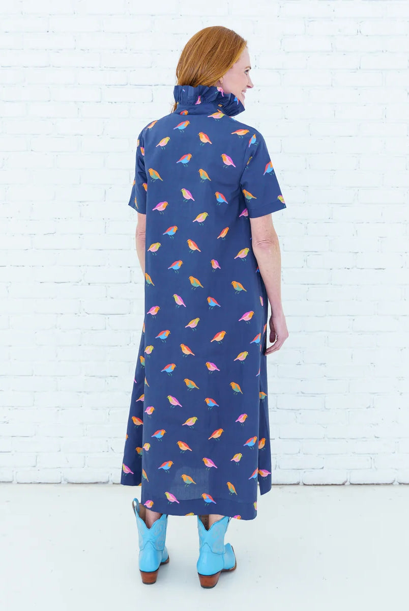 Caryn Lawn Georgia Body in navy bird print, A-line midi silhouette, short sleeve, back view