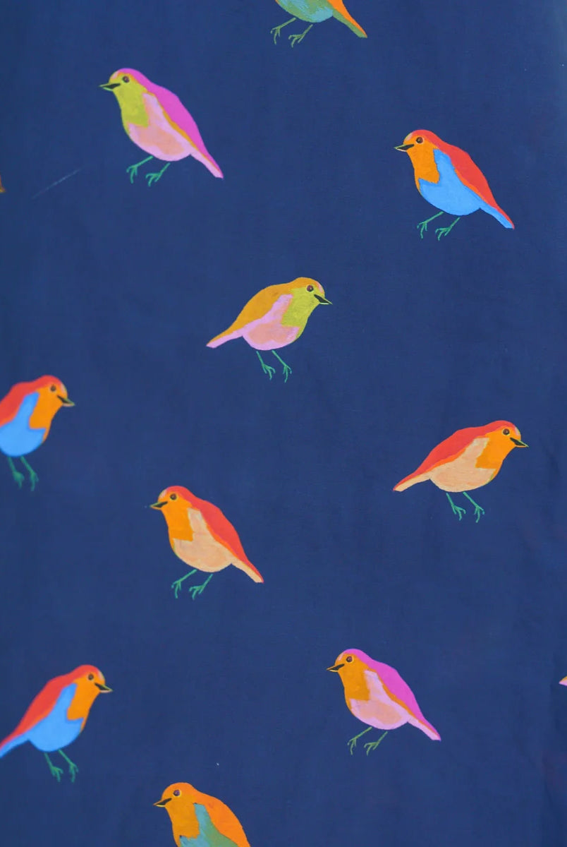 Caryn Lawn Georgia Body navy bird print close-up, multicolor illustrated birds on navy cotton poplin