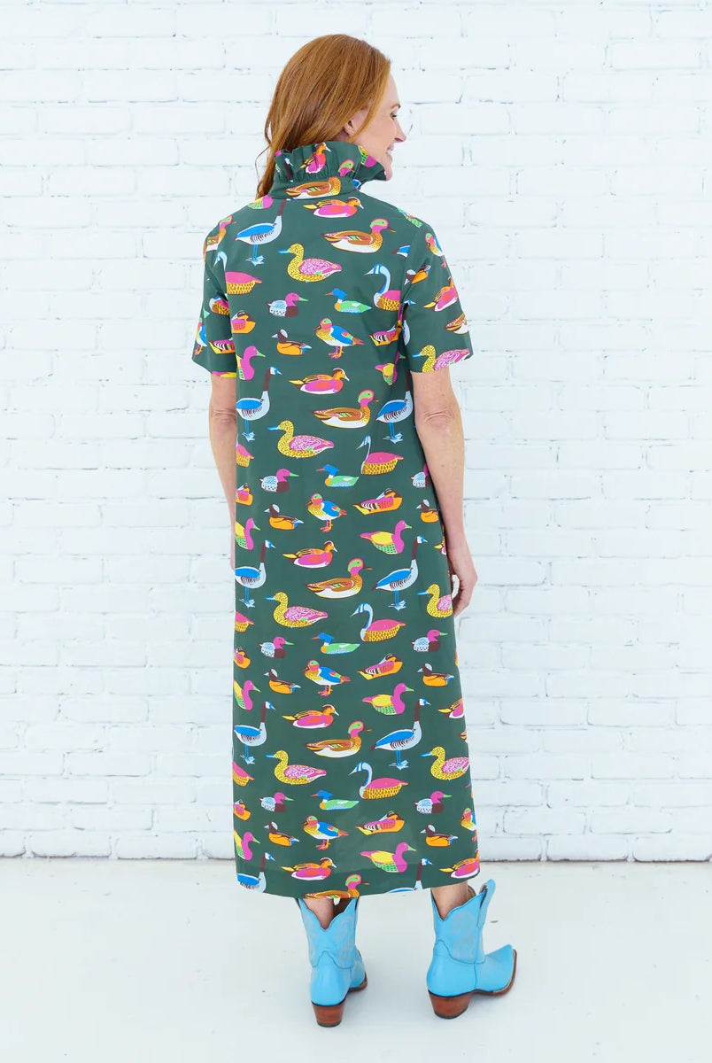 Caryn Lawn Georgia Body in olive duck print, A-line midi silhouette, ruffle neckline, short sleeve, back view