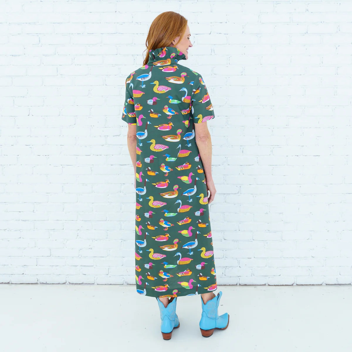 Caryn Lawn Georgia Body in olive duck print, A-line midi silhouette, ruffle neckline, short sleeve, back view