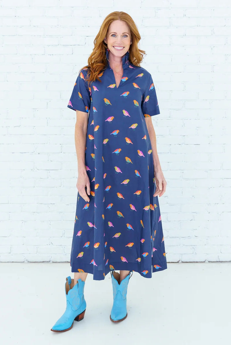 Caryn Lawn Georgia Body in navy bird print, A-line midi silhouette, split neckline, short sleeve, front view