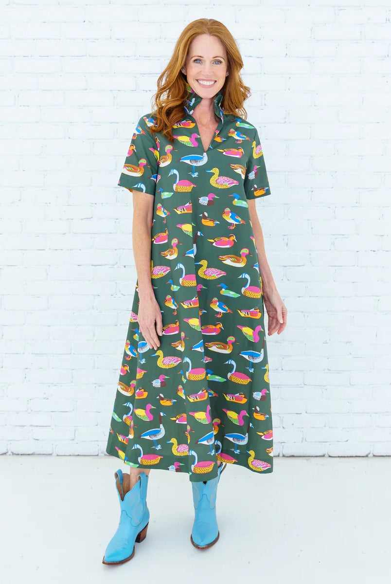 Caryn Lawn Georgia Body in olive duck print, A-line midi silhouette, ruffle neckline, short sleeve, front view