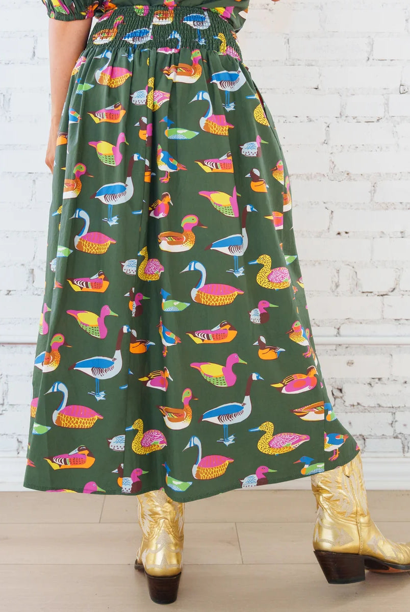 Caryn Lawn Sutton Skirt in olive duck print, multicolor duck print on olive green cotton poplin, back close-up-view
