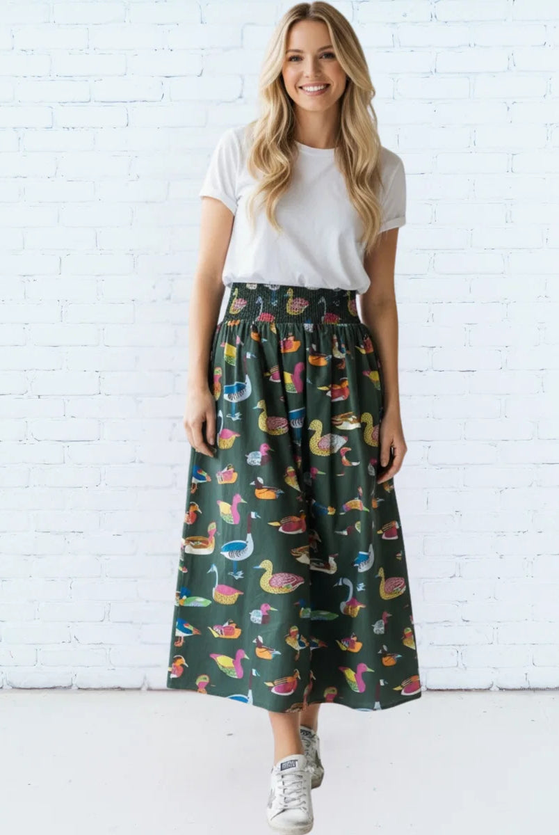 Caryn Lawn Sutton Skirt in olive duck print, gathered midi skirt, smocked elastic waistband, front view