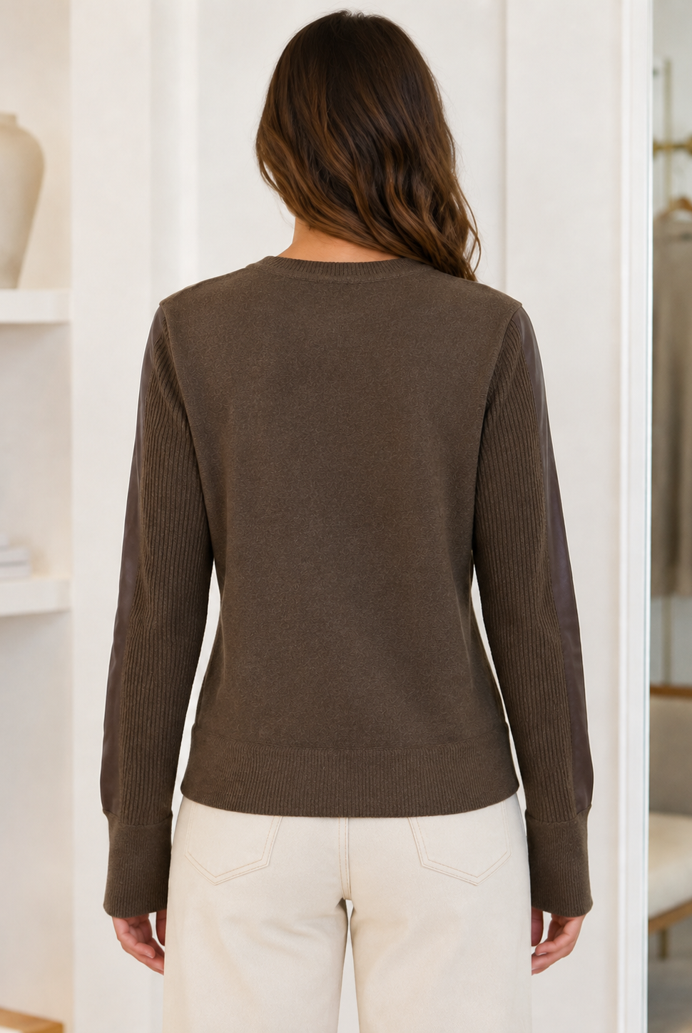 Central Park West Heather Sweater CF26-10097S in brown with vegan leather trim, back view