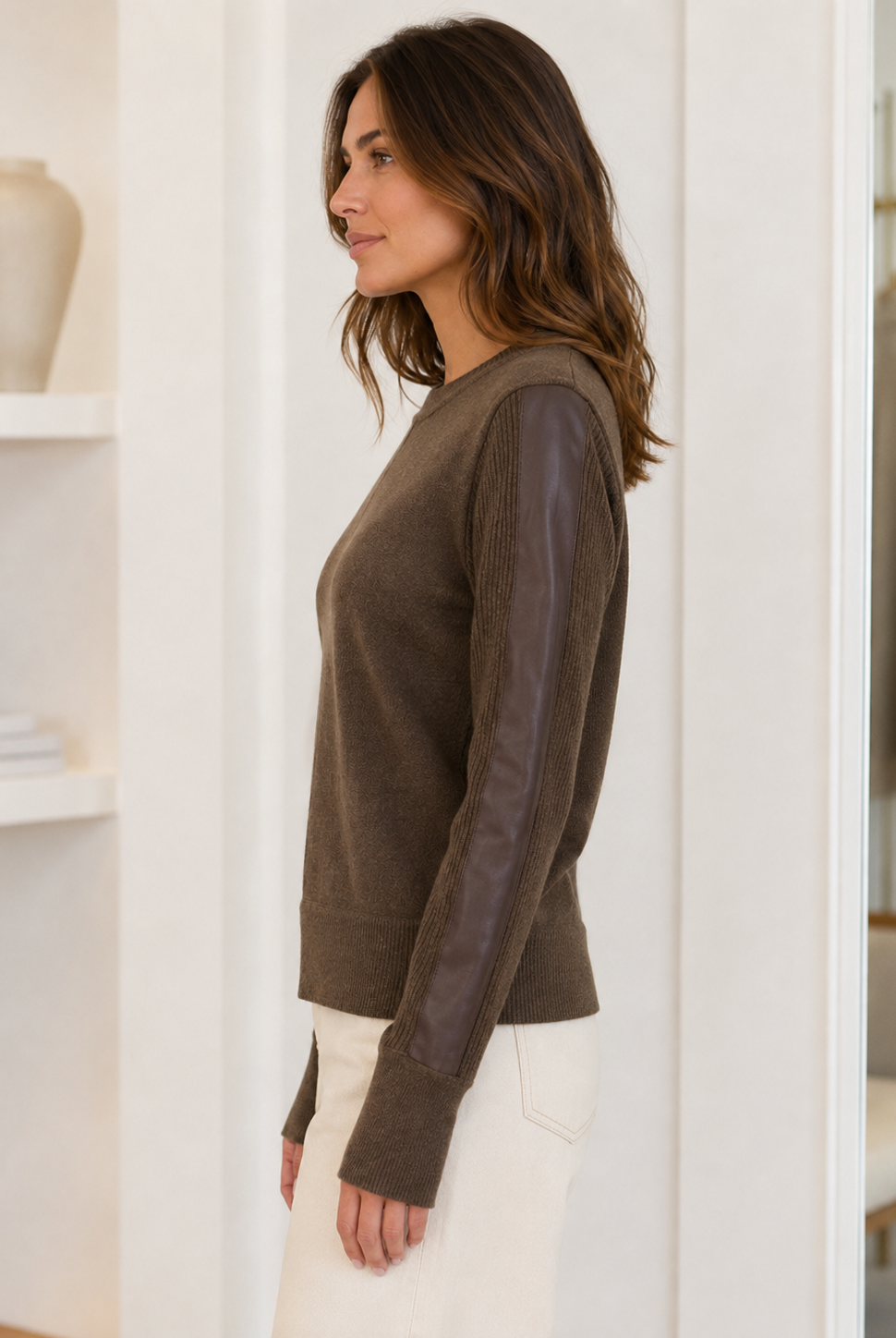 Central Park West Heather Sweater CF26-10097S in brown with vegan leather trim, side view