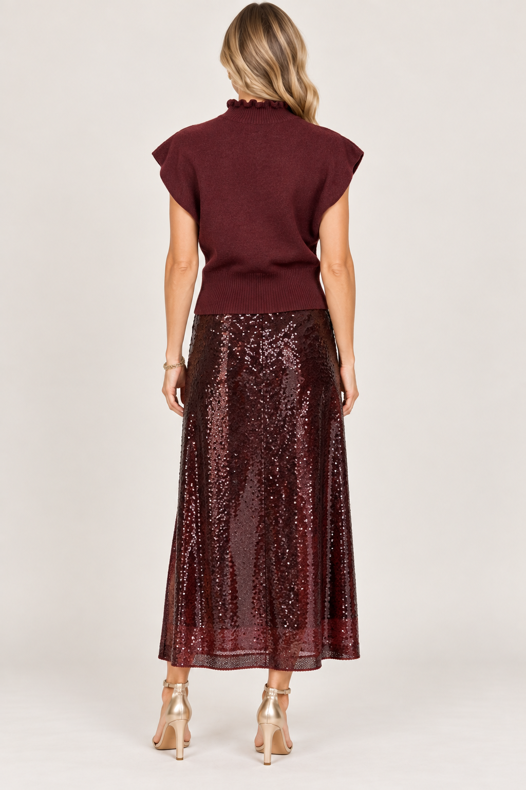 Kate Ruffled Collar Dolman Sweater by Central Park West in burgundy, full back view