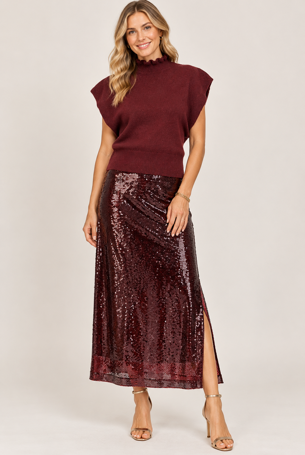 Kate Ruffled Collar Dolman Sweater by Central Park West in burgundy, full front view