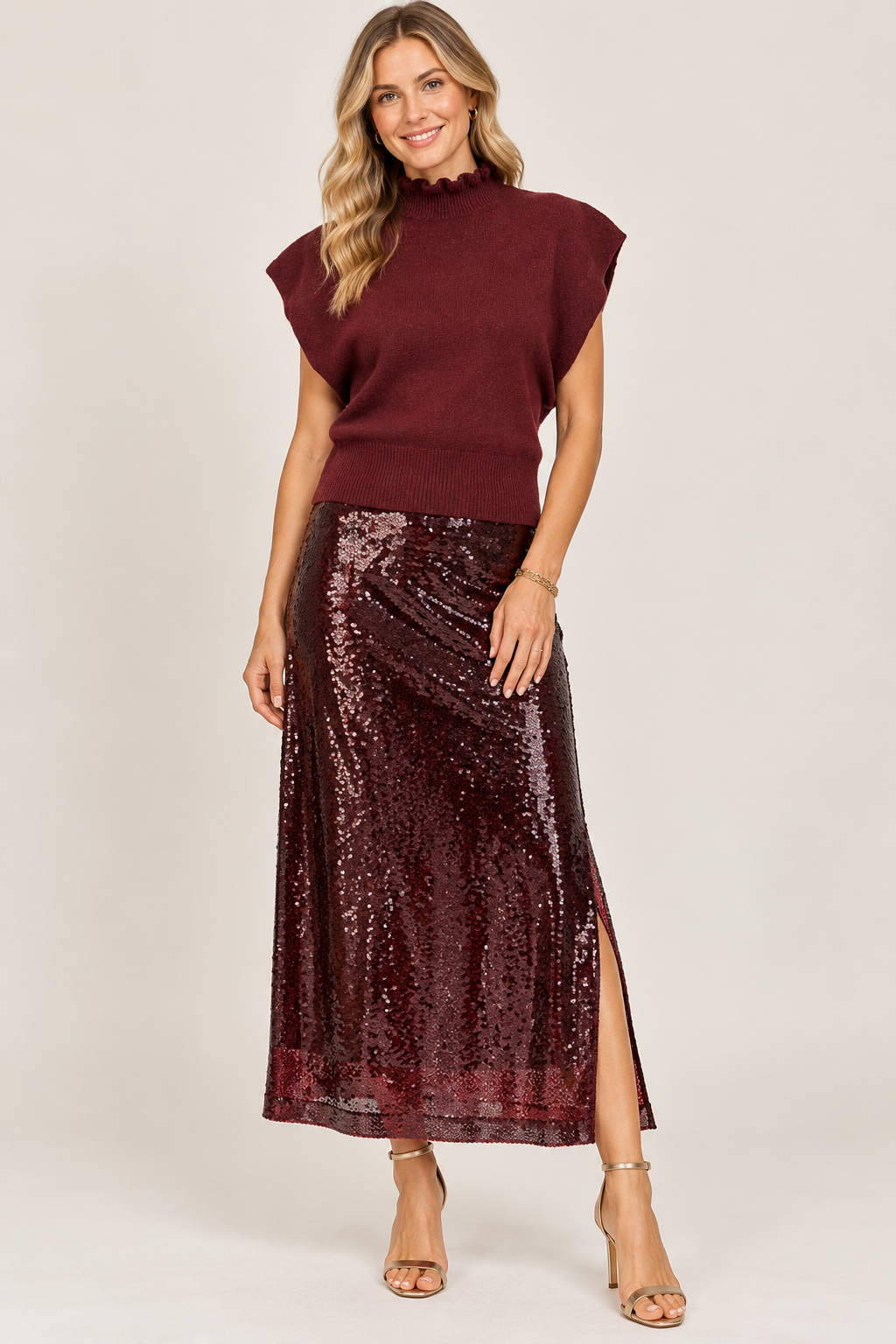 Kate Ruffled Collar Dolman Sweater by Central Park West in burgundy, full front view
