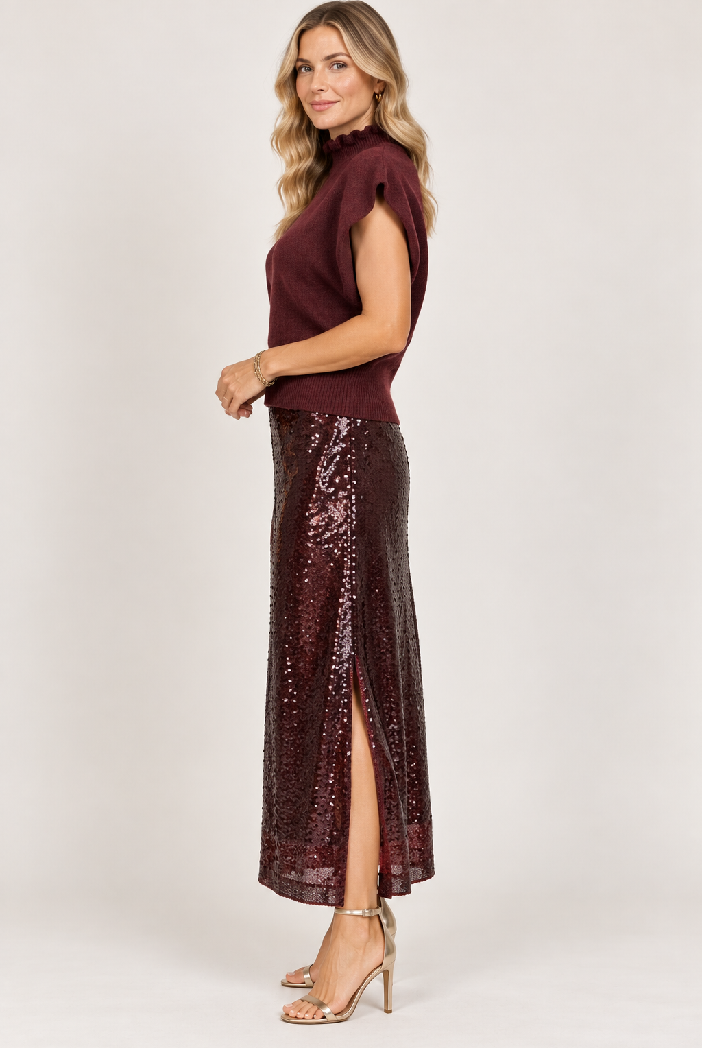 Kate Ruffled Collar Dolman Sweater by Central Park West in burgundy, side view with dolman sleeve