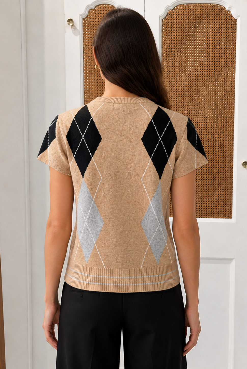 entral Park West Rachel Sweater CG26-10727S khaki black gray argyle cap sleeve, back view