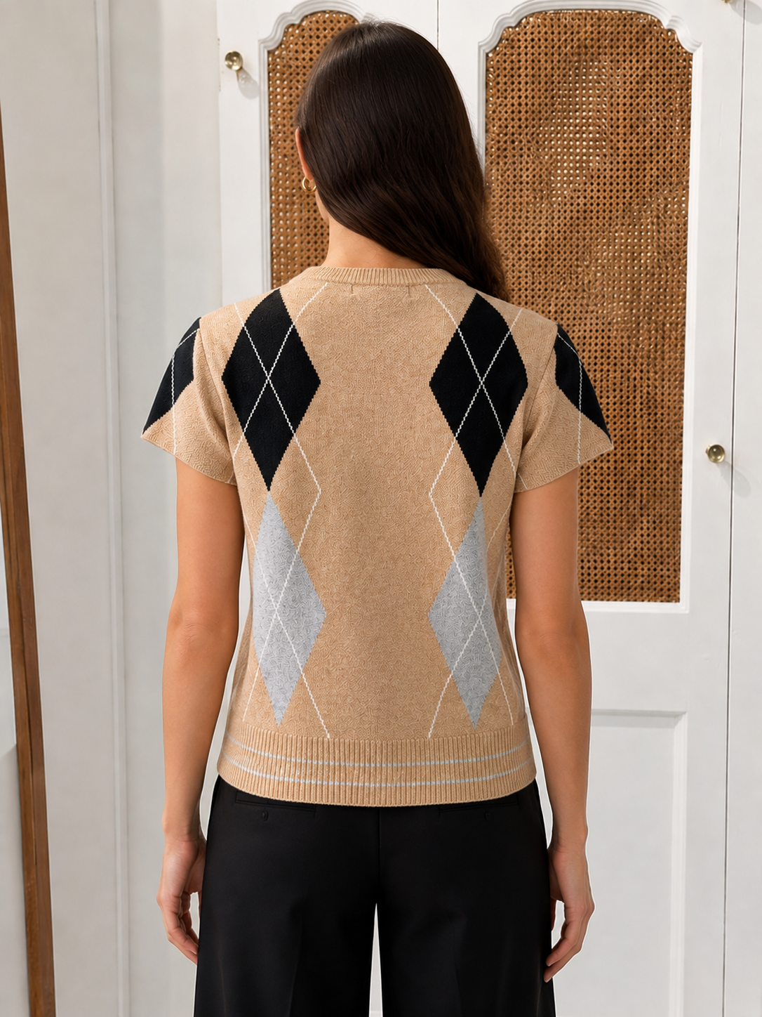 entral Park West Rachel Sweater CG26-10727S khaki black gray argyle cap sleeve, back view