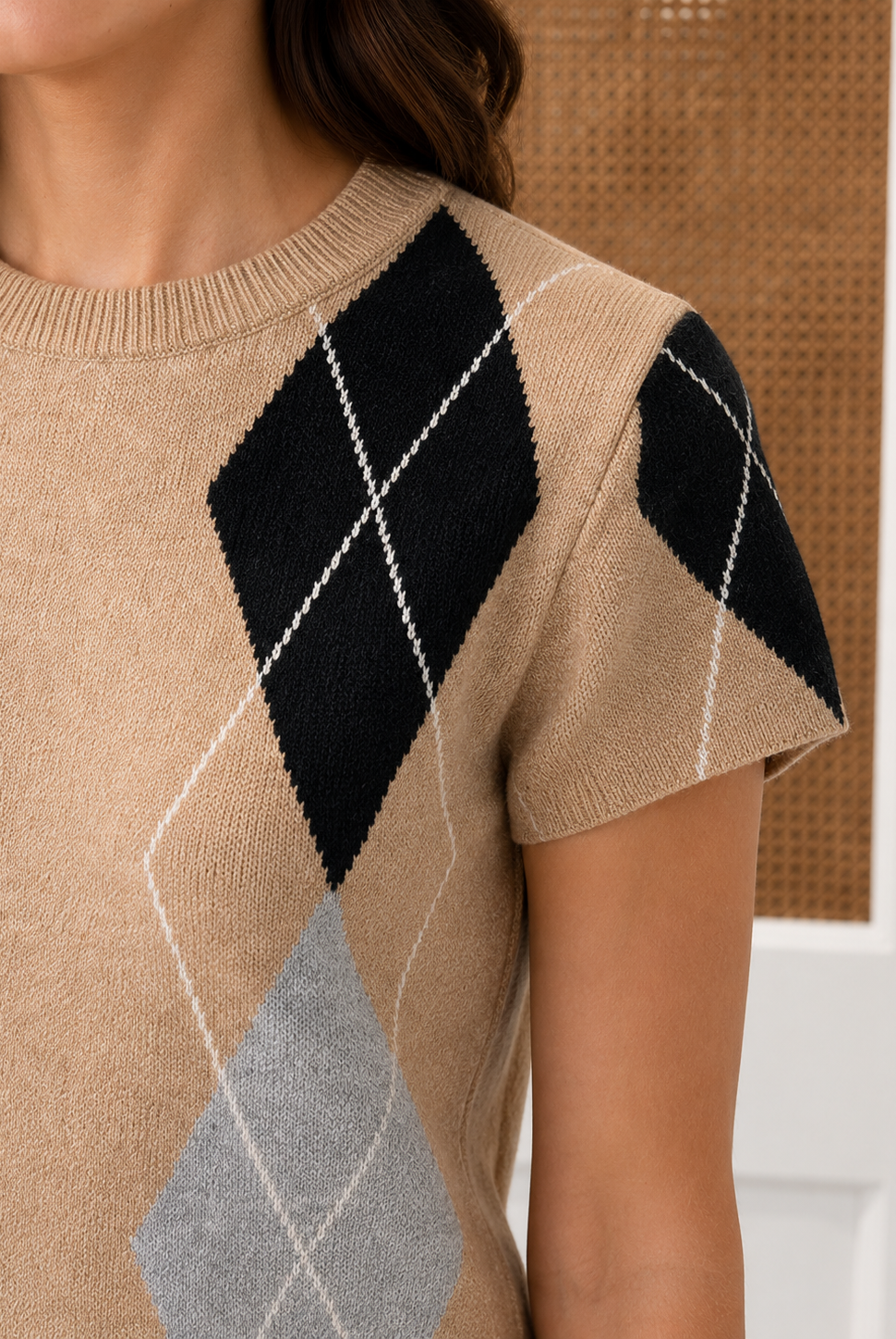 Central Park West Rachel Sweater CG26-10727S, close-up of khaki black gray argyle knit pattern and cap sleeve