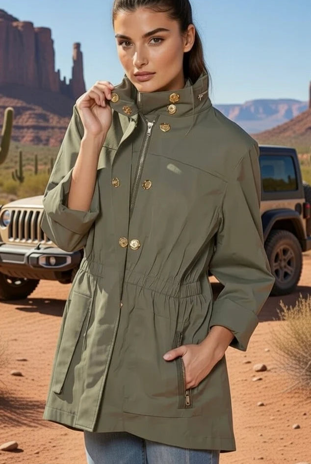 Anna Waterproof Jacket Avocado by Ciao Milano — cinched waist, gold snap hardware, zip front pockets, stand collar, 3/4 sleeves