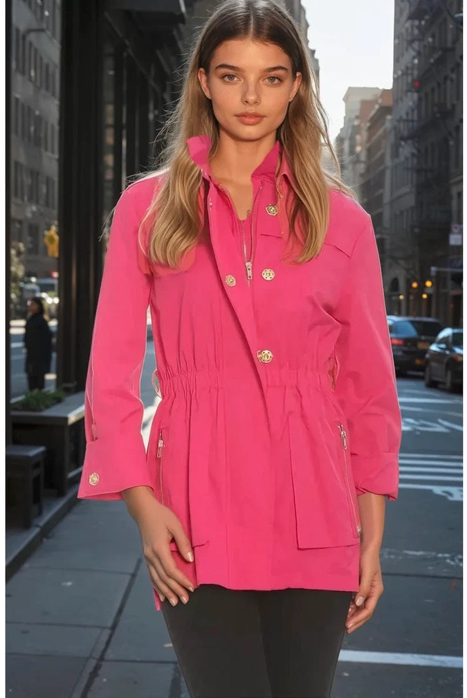 Anna Waterproof Jacket Hot Pink by Ciao Milano — cinched waist, gold snap hardware, zip front pockets, stand collar, 3/4 sleeve