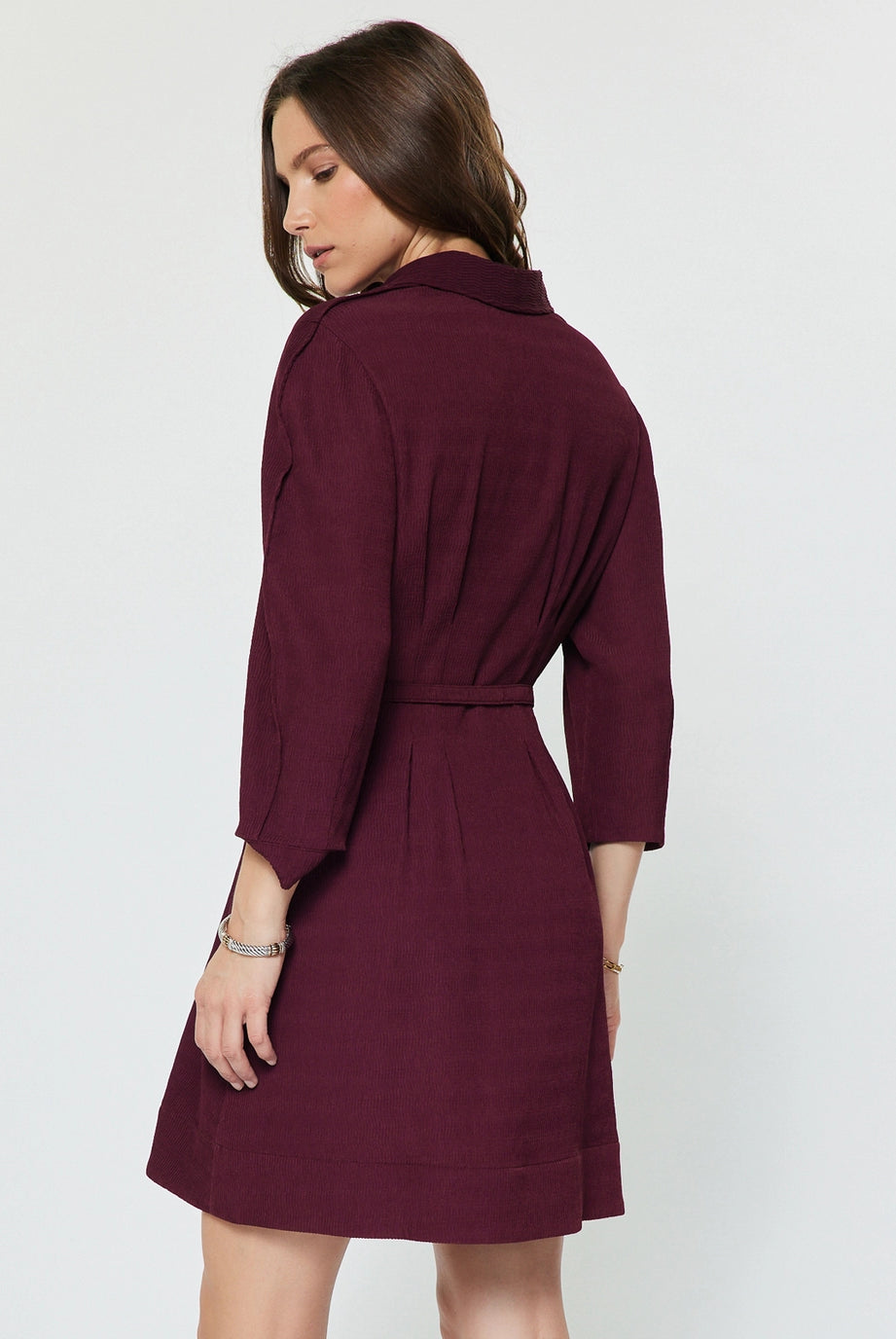Larkin Dress Bordeaux by Current Air — ribbed V-neck belted mini dress with puff sleeves, back view