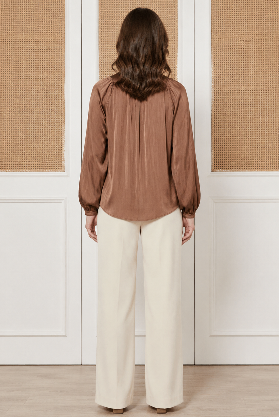 Hollis Top Mocha Mousse by Current Air — pleated split V-neck long sleeve satin top, back view