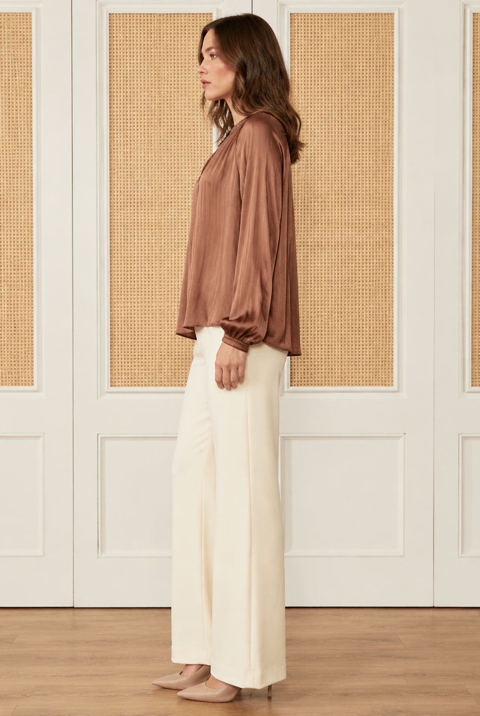 Hollis Top Mocha Mousse by Current Air — pleated split V-neck long sleeve satin top, side view