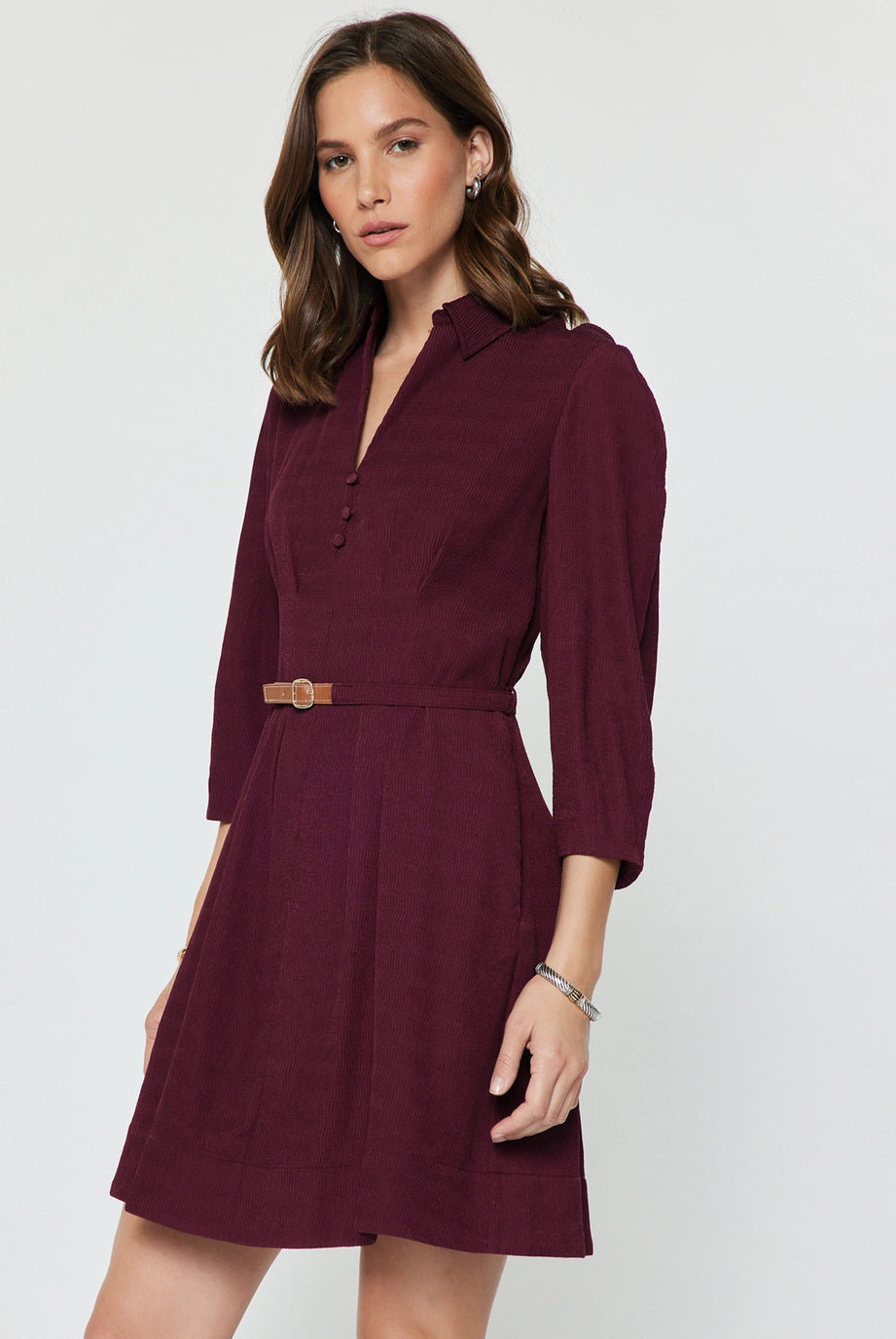 Larkin Dress Bordeaux by Current Air — ribbed V-neck belted mini dress with puff sleeves, side view
