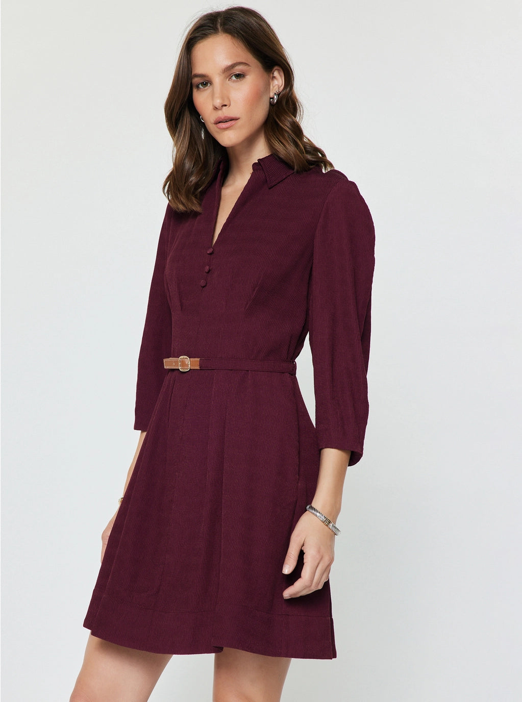 Larkin Dress Bordeaux by Current Air — ribbed V-neck belted mini dress with puff sleeves, side view