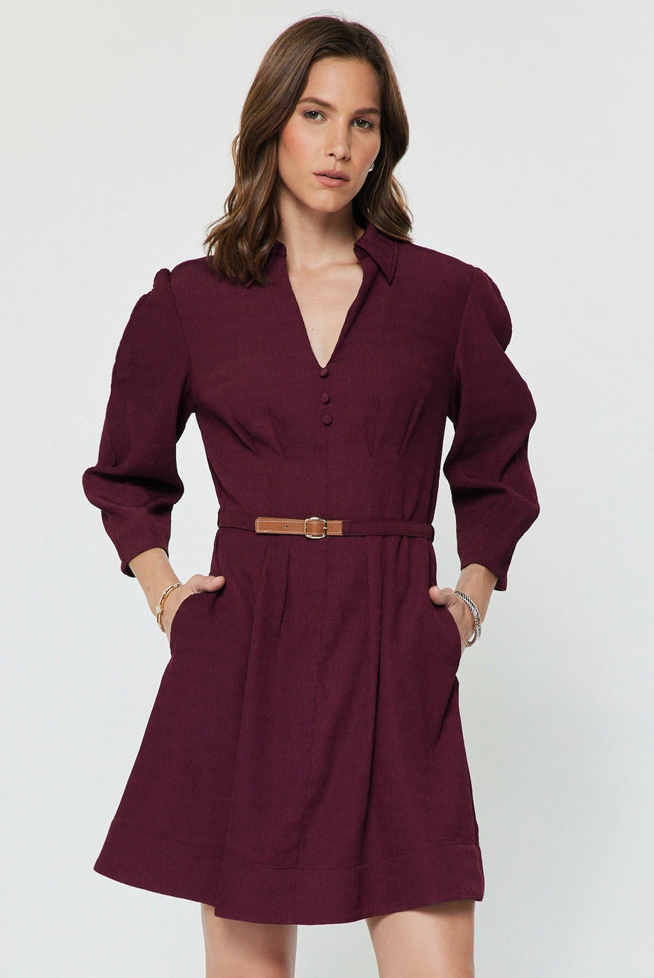 Larkin Dress Bordeaux by Current Air — ribbed V-neck belted mini dress with puff sleeves, front view