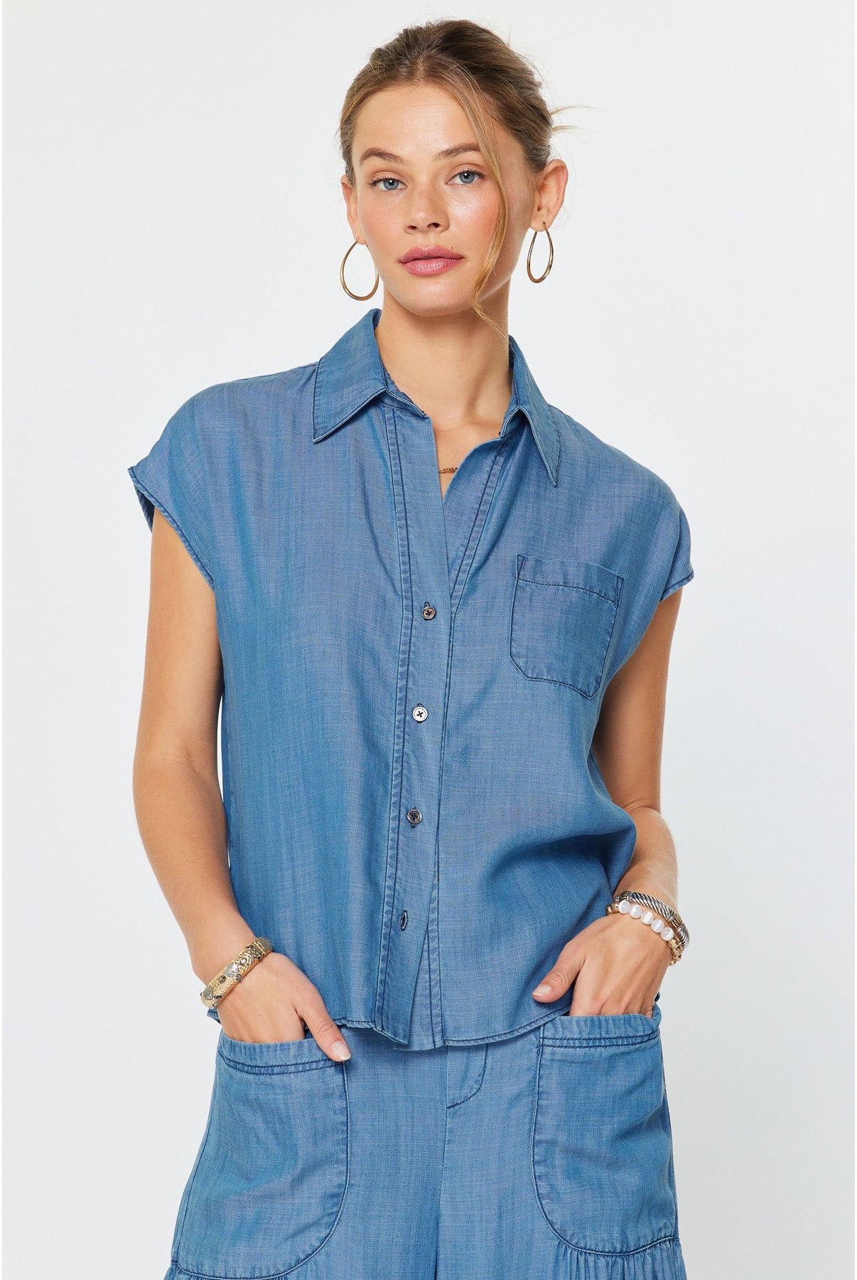 Tracy Camp Shirt chambray cap sleeve