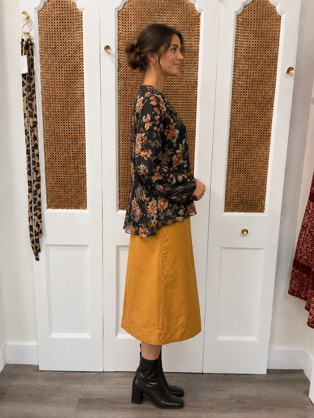 Victoria Top by Current Air — navy botanical floral print long sleeve split neck blouse, side view
