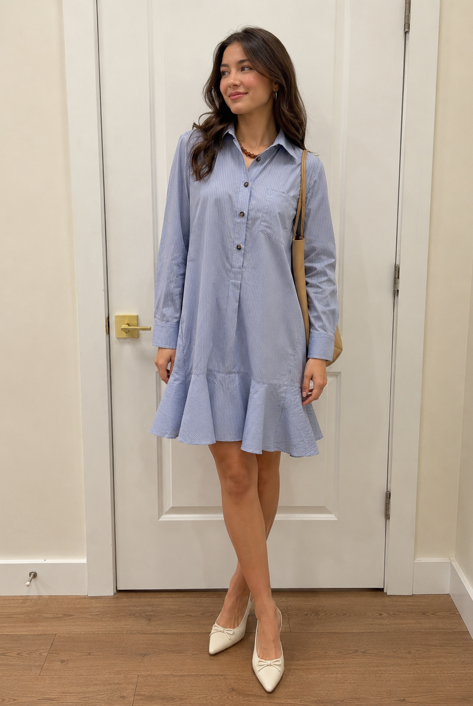 Duffield Lane Iris Drop Waist Shirt Dress in blue and brown stripe, alternate view