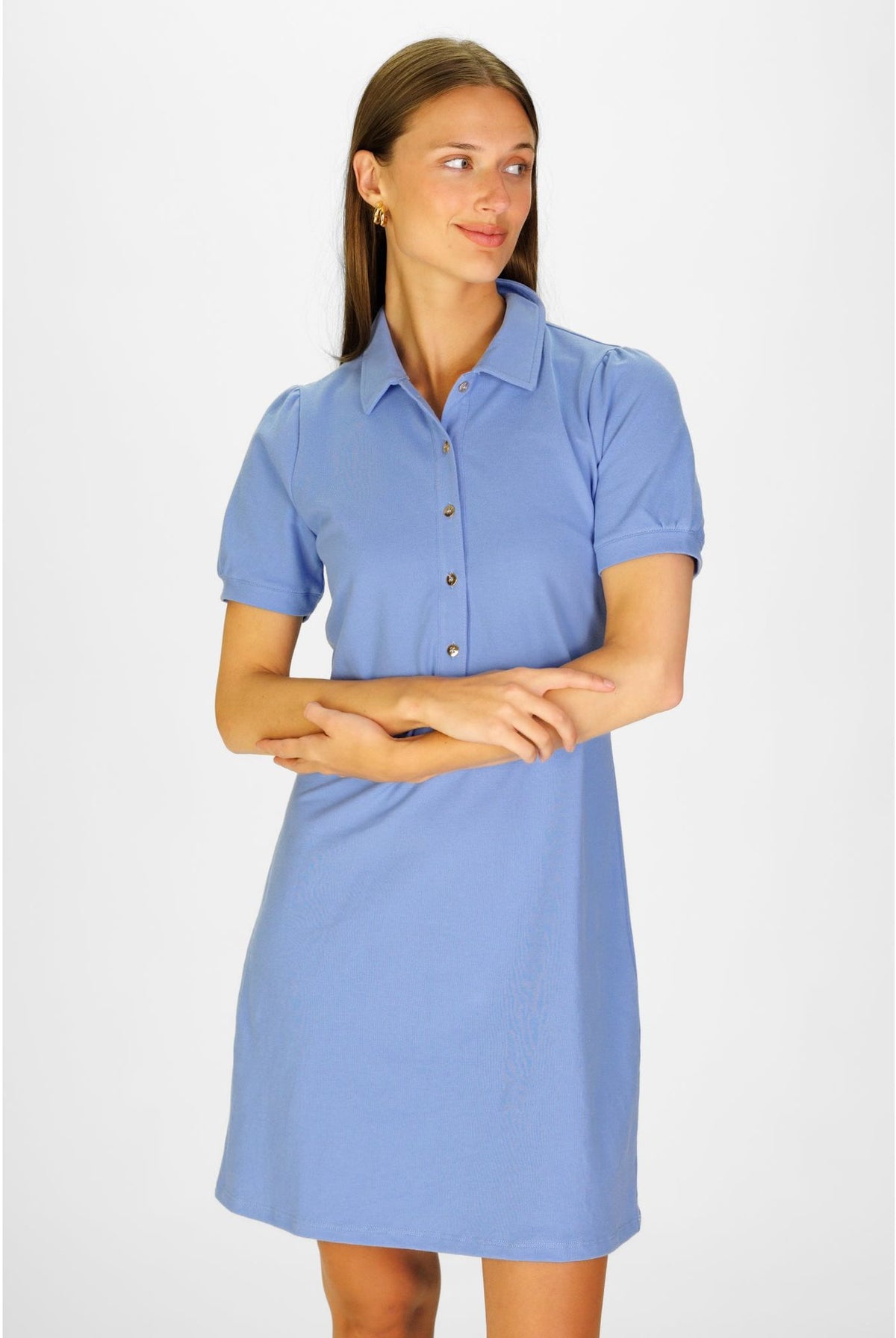 Duffield Lane Palmer Polo Dress in cornflower blue, casual fit with a classic polo collar and short sleeves, perfect for summer wear.