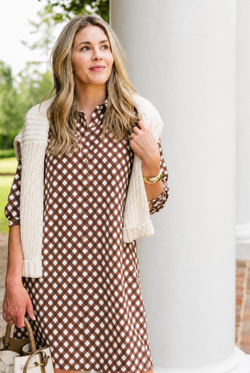 Duffield Lane Ashlynn Dress in chocolate gingham, close-up detail of faux button front"