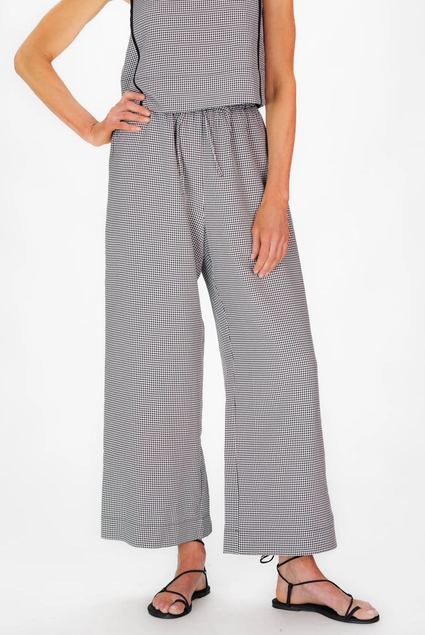 Duffield Lane Mauri Pant in black mini gingham seersucker, front view, wide-leg silhouette"