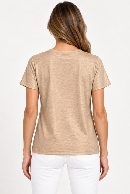 Shyama Top by Another Love in Heathered Gold, back view showing short sleeves, heathered texture, and straight hem
