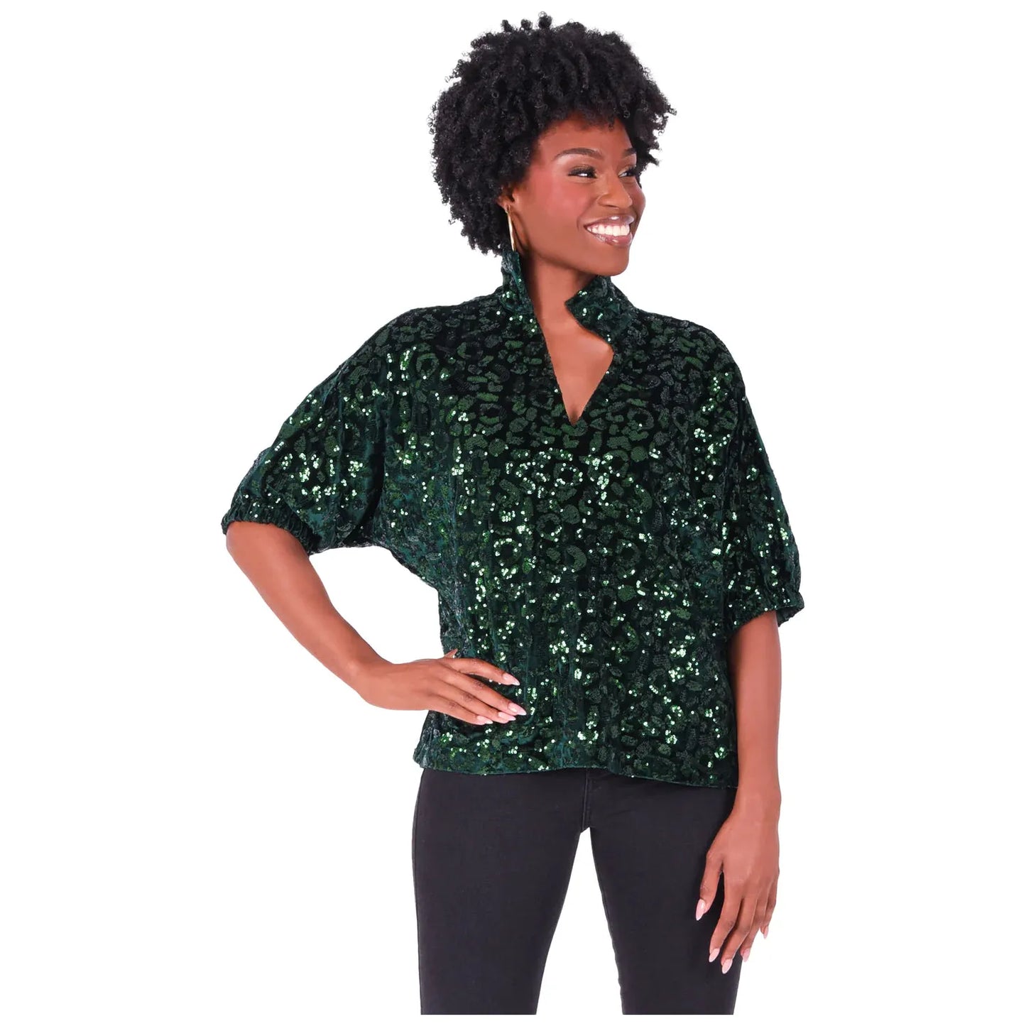 Poppy Top- Green Sequin Cheetah