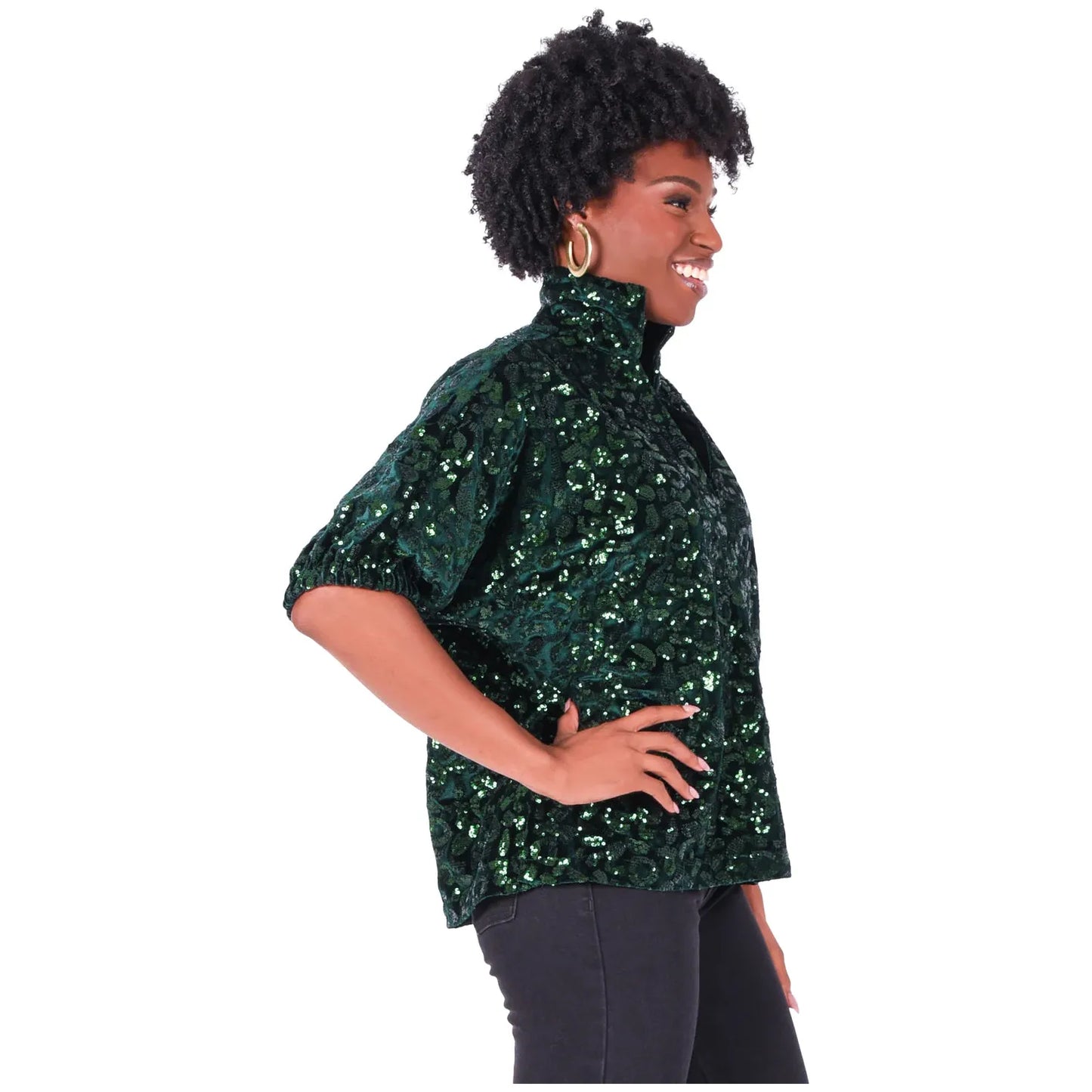 Poppy Top- Green Sequin Cheetah