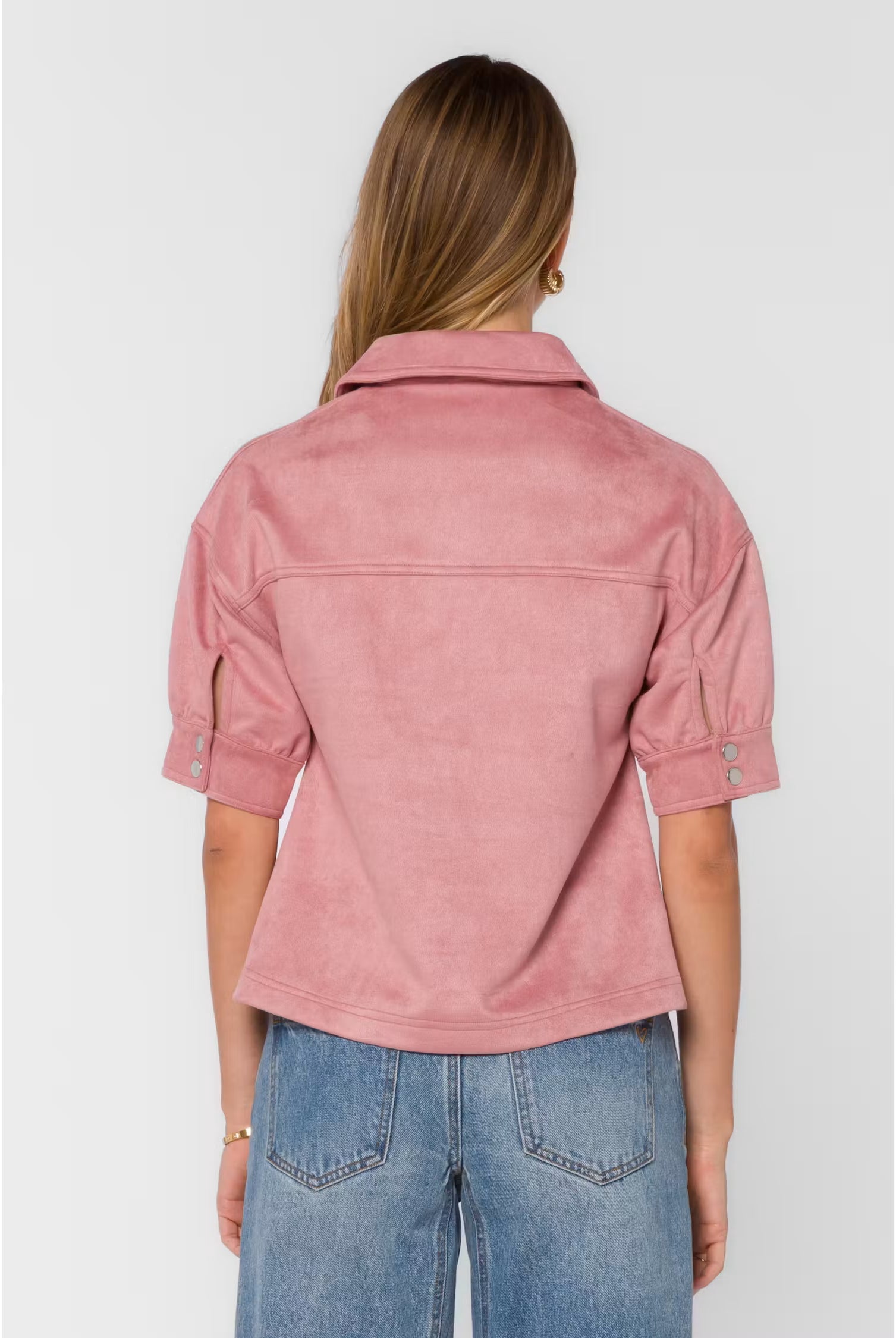 Elvie Top by Velvet Heart — back view of mauve faux suede top with spread collar and short puff sleeves