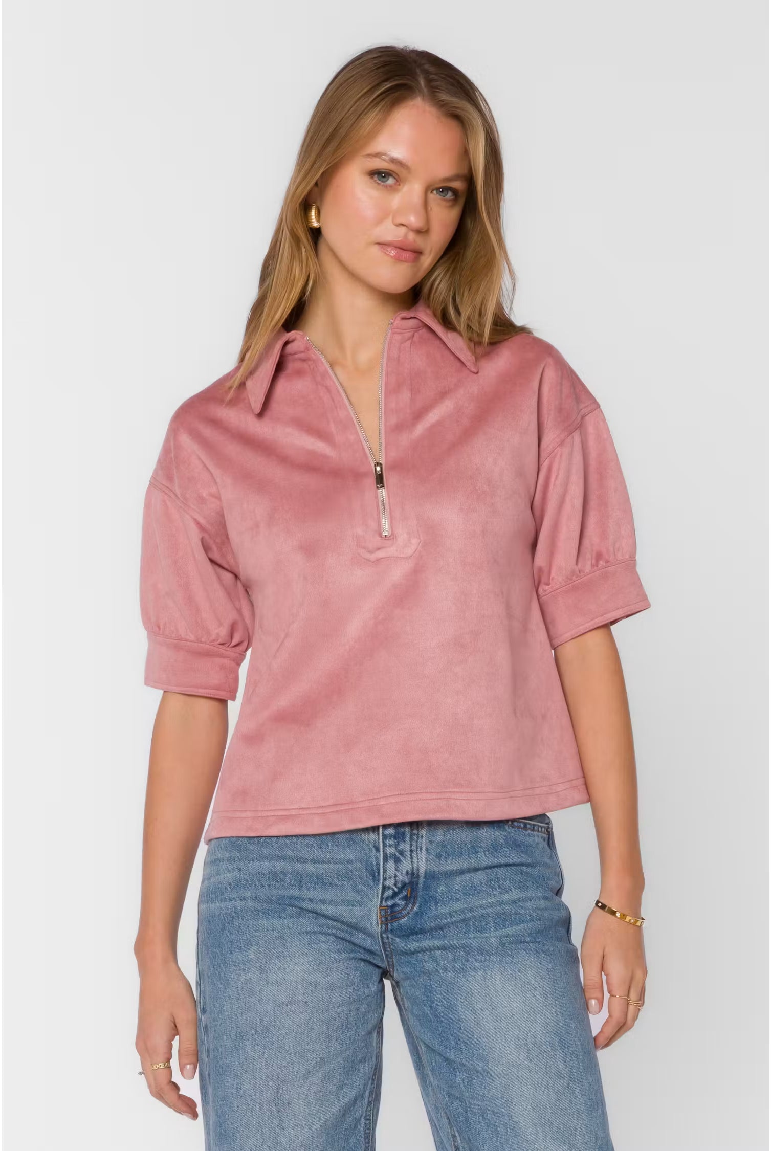 Elvie Top by Velvet Heart — mauve faux suede polo top with short puff sleeves and quarter-zip front neck detail