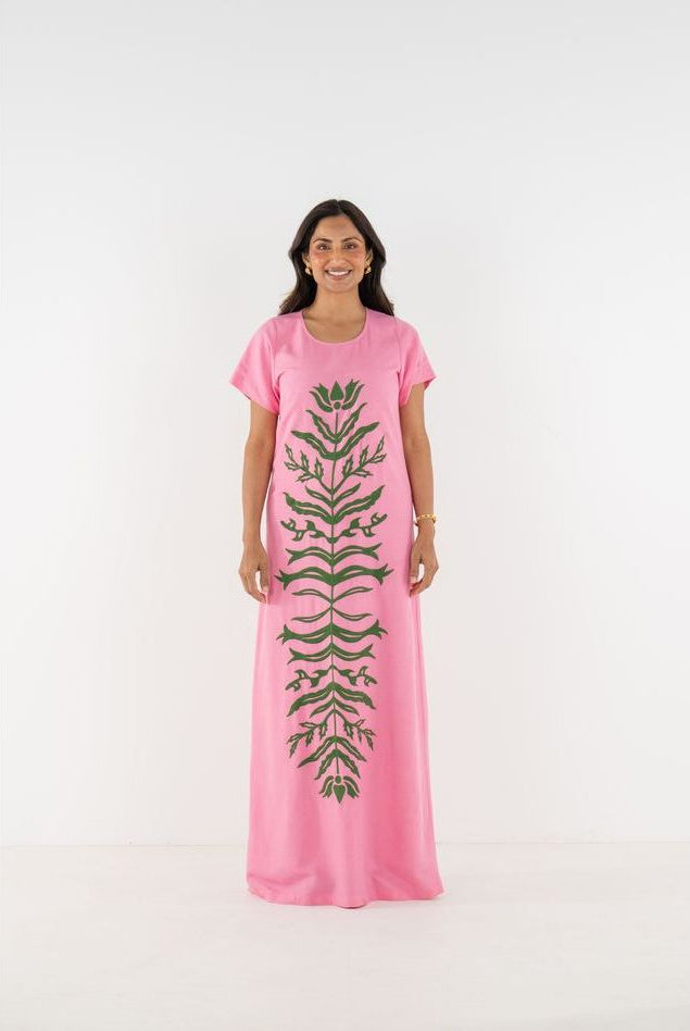 Emily McCarthy Cornelia Dress in Rose, a stylish linen dress with a flowy design and floral pattern, perfect for a casual elegant look.