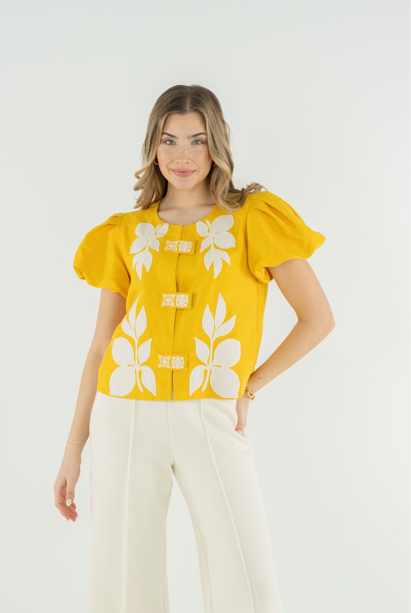 Emily McCarthy Isabella Top made of golden-hour linen, featuring a stylish, lightweight design ideal for casual wear.
