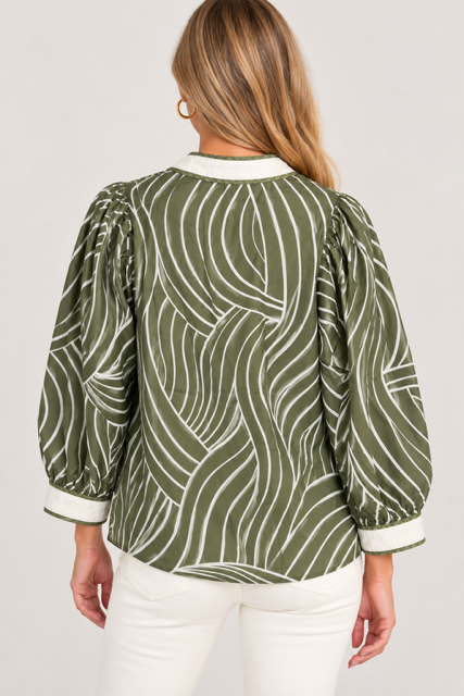 Matilda Top by Entro in olive with a curved cream motif, contrast V-neckline, , front view