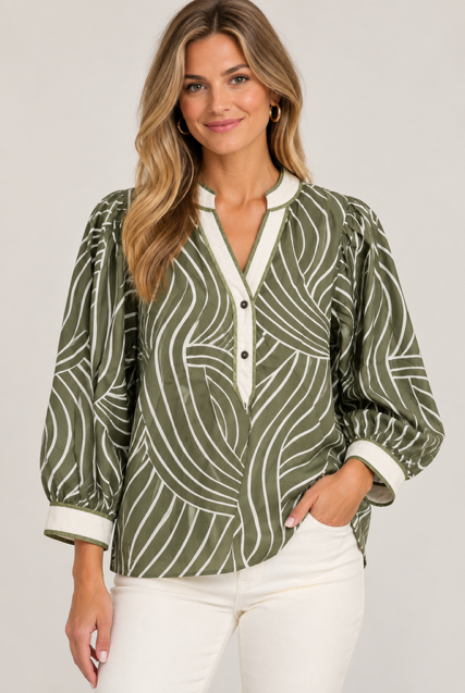 Matilda Top by Entro in olive with a curved cream motif, contrast V-neckline, , front view