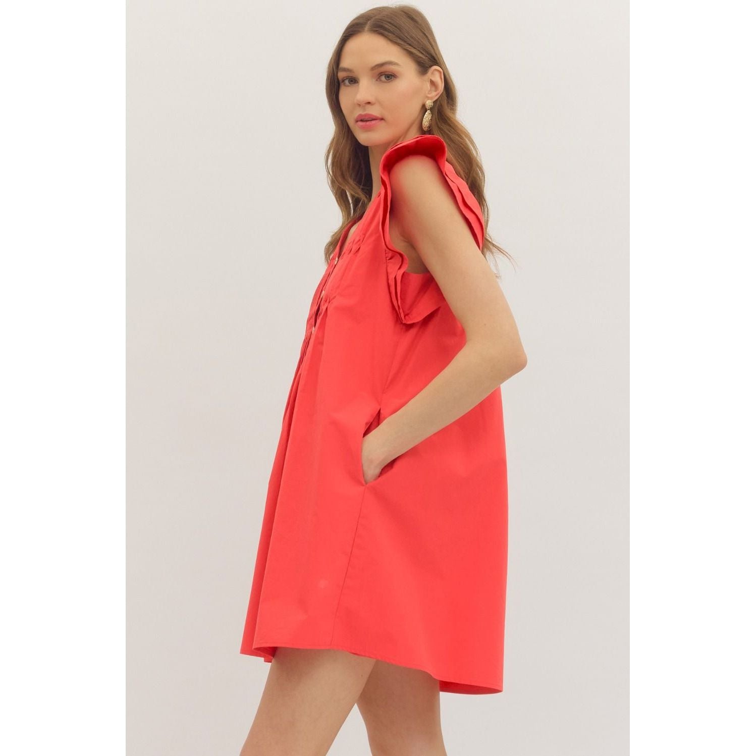 Ruby Dress by Entro — side view, coral red swing mini dress with ruffle sleeves and pockets