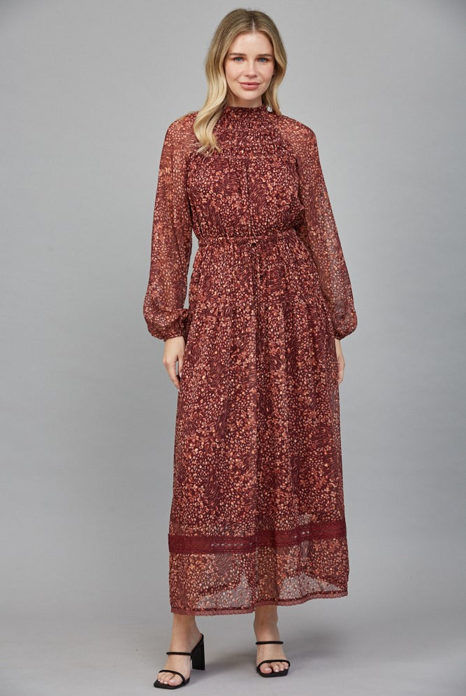 Rosemary Dress by Fate in deep burgundy floral Lurex print, front view, smocked mock neck, lace hem, maxi length Style#FD3413