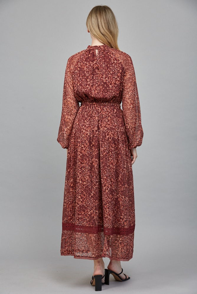 Rosemary Dress by Fate in deep burgundy floral Lurex print, back view, lace hem border detail, maxi length Style#FD34143