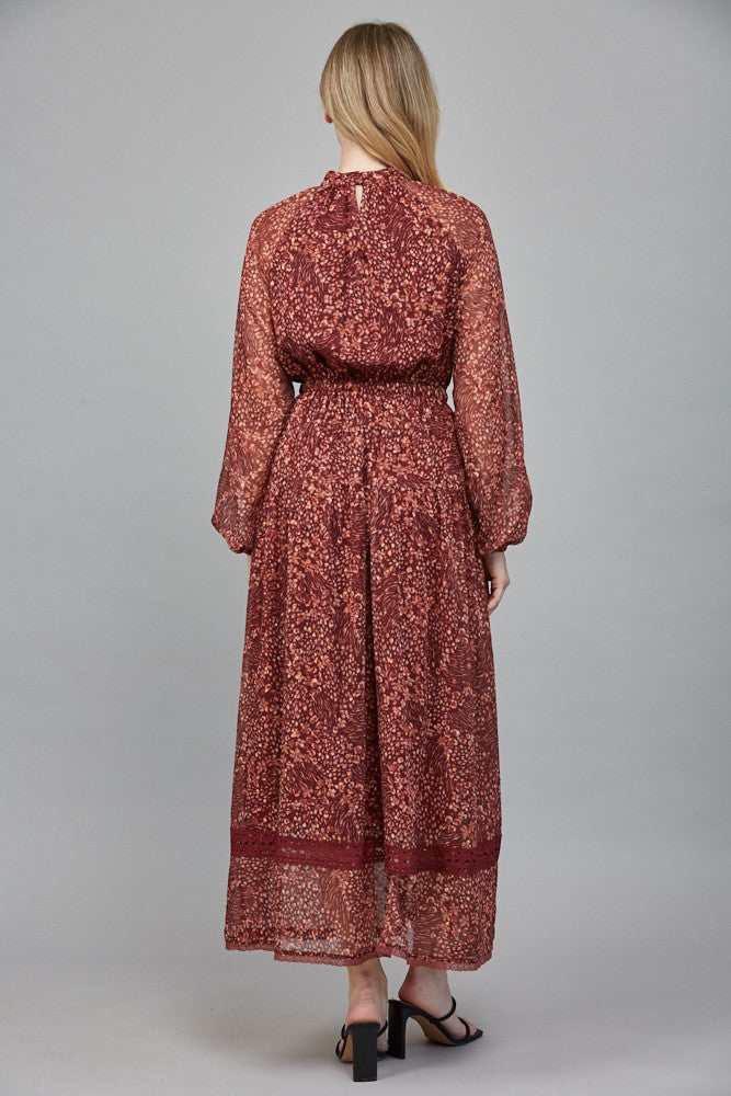 Rosemary Dress by Fate in deep burgundy floral Lurex print, back view, lace hem border detail, maxi length Style#FD34143