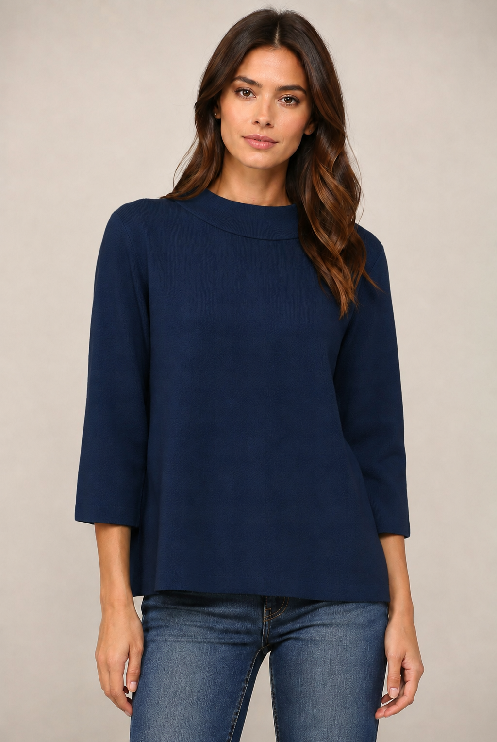 Fate Lucy Sweater in navy, mock neck pullover with 3/4 bell sleeves and A-line silhouette, front view